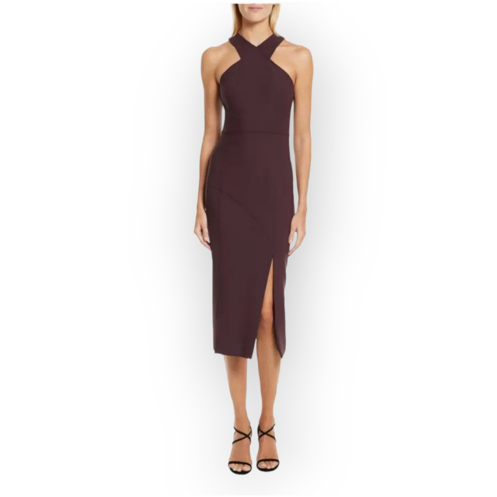 Cinq a Sept Dark Cherry Melina Halter Style Open Shoulder Cocktail Sheath Dress